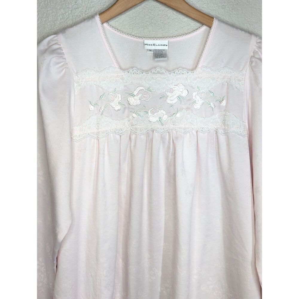 Vtg Miss Elaine Long Sleeve Nightgown Sz M Pastel Pink Lace Embroidery Granny - Picture 3 of 7